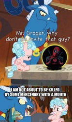 Size: 500x838 | Tagged: safe, edit, edited screencap, screencap, cozy glow, grogar, human, pegasus, pony, g4, the beginning of the end, comic, cozybuse, crystal ball, deadpool, female, filly, freckles, grogar's crystal ball meme, male, meme, screencap comic