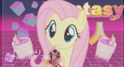 Size: 1280x699 | Tagged: safe, artist:luckreza8, fluttershy, pony, g4, bust, grid, gun, looking at you, timestamp, vaporwave, weapon