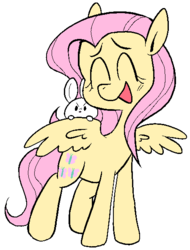 Size: 449x591 | Tagged: safe, artist:pinkiespresent, angel bunny, fluttershy, pegasus, pony, rabbit, g4, cute, duo, eyes closed, female, mare, open mouth, shyabetes, simple background, smiling, spread wings, white background, wings