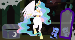 Size: 11000x6000 | Tagged: safe, artist:evilfrenzy, princess celestia, princess luna, alicorn, star spider, anthro, unguligrade anthro, g4, age regression, attic, baby, clothes, dress, female, filly, mare, mirror, woona, younger