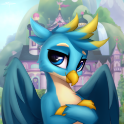 Size: 3000x3000 | Tagged: safe, artist:setharu, gallus, griffon, g4, bust, cheek fluff, crossed arms, cute, gallabetes, high res, looking at you, male, school of friendship, solo, wing fluff