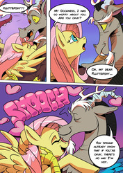 Size: 1280x1810 | Tagged: safe, artist:nanaevans, discord, fluttershy, draconequus, pony, g4, comic, cute, dialogue, discute, female, forehead kiss, glomp, grammar error, heart, hug, i can't believe it's not idw, kissing, male, profile, ship:discoshy, shipping, shyabetes, smooch, speech bubble, straight