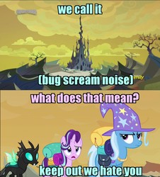 Size: 1280x1416 | Tagged: safe, edit, edited screencap, screencap, starlight glimmer, thorax, trixie, changeling, pony, unicorn, g4, to where and back again, badlands, bare tree, caption, castle, changeling hive, changeling kingdom, descriptive noise, discovery family logo, female, hive, image macro, laika studios, male, mare, missing link, scenery, screech, spire, text, tree, yellow sky