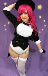 Size: 3282x5160 | Tagged: safe, artist:ribbonbell, pinkie pie, human, g4, party of one, clothes, cosplay, costume, irl, irl human, leotard, photo, socks, solo, thigh highs, thighs, tuxedo