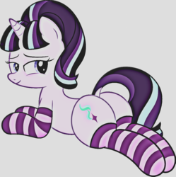 Size: 893x895 | Tagged: safe, artist:an-tonio, artist:slb94, edit, editor:undeadponysoldier, starlight glimmer, pony, unicorn, g4, bedroom eyes, butt, clothes, dock, female, looking back, mare, plot, prone, smiling, socks, solo, striped socks, tail, tail aside
