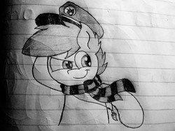 Size: 2560x1920 | Tagged: safe, artist:thebadbadger, oc, oc:phire demon, pony, clothes, hat, lineart, lined paper, scarf, traditional art