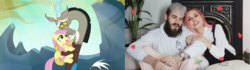 Size: 1299x363 | Tagged: safe, edit, edited screencap, screencap, discord, fluttershy, draconequus, human, pegasus, pony, g4, to where and back again, comparison, cute, discute, female, irl, irl human, male, marzia, pewdiepie, photo
