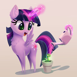 Size: 5441x5441 | Tagged: safe, alternate version, artist:xbi, twilight sparkle, alicorn, pony, cheek fluff, chest fluff, cute, ear fluff, eye reflection, female, glowing horn, gradient background, hooves, horn, levitation, lineless, looking at something, magic, mare, open mouth, plant, pointy legs, reflection, smiling, solo, spread wings, sprout, telekinesis, twiabetes, twilight sparkle (alicorn), watering, watering can, wings