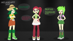 Size: 8000x4500 | Tagged: safe, artist:metalhead97, cherry crash, rose heart, sweet leaf, equestria girls, g4, angry, boots, breasts, commission, female, looking at you, open mouth, shoes, show accurate, speech bubble