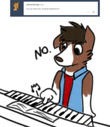 Size: 800x921 | Tagged: safe, artist:askwinonadog, winona, dog, anthro, ask winona, g4, anthro pets, ask, female, music notes, musical instrument, piano, simple background, solo, tumblr, white background
