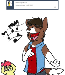 Size: 800x917 | Tagged: safe, artist:askwinonadog, apple bloom, winona, dog, anthro, ask winona, g4, anthro pets, ask, bad singing, covering ears, eyes closed, gritted teeth, music notes, simple background, singing, sour note, tumblr, white background