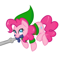 Size: 3000x3000 | Tagged: safe, artist:llama-senpai, pinkie pie, earth pony, pony, g4, clothes, cosplay, costume, crossover, cute, diapinkes, female, high res, link, mouth hold, no pupils, simple background, solo, sword, the legend of zelda, transparent background, weapon