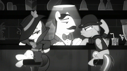 Size: 1920x1080 | Tagged: safe, screencap, rainbow dash, rarity, pony, g4, season 9, sparkle's seven, bartender, bow, bowler hat, detective rarity, facial hair, hat, investigator dash, juice, juice box, juice jackie, monochrome, moustache, rainbow dash always dresses in style, scar, unnamed character, unnamed pony