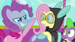 Size: 1920x1080 | Tagged: safe, screencap, fluttershy, pinkie pie, spike, dragon, pony, g4, sparkle's seven, astronaut pinkie, bunny ears, clothes, costume, dangerous mission outfit, fish bowl, goggles, hoodie, hot air balloon, space helmet, winged spike, wings