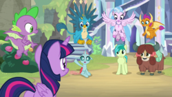Size: 1920x1080 | Tagged: safe, screencap, gallus, ocellus, sandbar, silverstream, smolder, spike, twilight sparkle, yona, alicorn, changedling, changeling, classical hippogriff, dragon, earth pony, griffon, hippogriff, pony, yak, g4, uprooted, bow, butt, claws, cloven hooves, colored hooves, dragoness, female, flying, hair bow, jewelry, male, monkey swings, necklace, plot, student six, teenager, twilight sparkle (alicorn), winged spike, wings