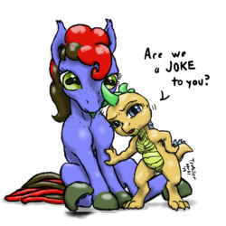 Size: 1500x1500 | Tagged: safe, artist:trefoiler, oc, oc only, dragon, pony, am i a joke to you?, april fools, april fools 2019, biting, duo, female, looking at you, mare, simple background, transparent background
