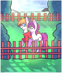 Size: 2444x2900 | Tagged: safe, artist:lunawoonanight, oc, oc only, oc:rose shelf, oc:zone blitz, pony, duo, female, fence, high res, mare