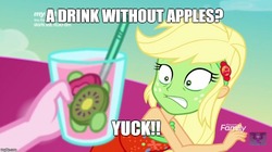 Size: 888x499 | Tagged: safe, edit, edited screencap, screencap, applejack, pinkie pie, equestria girls, equestria girls series, g4, spring breakdown, spoiler:eqg series (season 2), apple, caption, clothes, cup, dishonorapple, dress, drink, glass, green face, image macro, kiwi fruit, meme, punch (drink), punch bowl, seasickness, straw, text, that pony sure does love apples, yuck