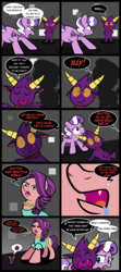 Size: 2000x4493 | Tagged: safe, artist:magerblutooth, diamond tiara, spoiled rich, oc, oc:il, earth pony, pony, comic:diamond and dazzle, g4, april fools, april fools 2019, butt, clothes, comic, crying, female, filly, foal, mare, plot, silhouette, you're a devil a devil!