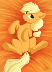 Size: 1600x2200 | Tagged: safe, artist:wolfypon, applejack, earth pony, pony, g4, dock, ear fluff, featureless crotch, female, frog (hoof), hairband, looking at you, mare, on back, signature, smiling, solo, underhoof