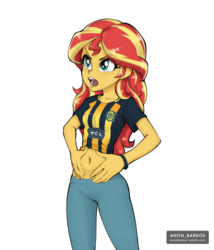 Size: 953x1111 | Tagged: safe, artist:anon_bardos, sunset shimmer, equestria girls, g4, my little pony equestria girls: rainbow rocks, argentina, belly button, clothes, female, football, leggings, midriff, rosario central, solo, sports