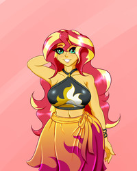 Size: 2000x2500 | Tagged: safe, artist:albertbm, sunset shimmer, equestria girls, equestria girls specials, g4, my little pony equestria girls: better together, my little pony equestria girls: forgotten friendship, armpits, beautiful, belly button, big breasts, breasts, busty sunset shimmer, clothes, female, grin, high res, midriff, sexy, smiling, solo, summer sunset, swimsuit
