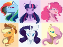 Size: 1261x947 | Tagged: safe, artist:sgtscribbles, applejack, fluttershy, pinkie pie, rainbow dash, rarity, twilight sparkle, pony, g4, bust, eyes closed, hair over one eye, mane six, one eye closed, simple background, smiling, wink