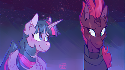 Size: 3840x2160 | Tagged: safe, artist:linklyshow, fizzlepop berrytwist, tempest shadow, twilight sparkle, alicorn, pony, g4, my little pony: the movie, female, high res, lesbian, looking at each other, scene interpretation, ship:tempestlight, shipping, signature, smiling, twilight sparkle (alicorn)