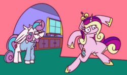 Size: 1256x751 | Tagged: safe, artist:cowsrtasty, princess cadance, princess flurry heart, pony, g4, bipedal, female, glasses, krumping, male, marge krumping, mother and daughter, nerd, nerdy heart, older, older flurry heart, the simpsons