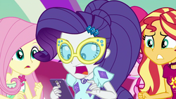 Size: 1920x1080 | Tagged: safe, screencap, fluttershy, rarity, sunset shimmer, equestria girls, equestria girls series, g4, spring breakdown, spoiler:eqg series (season 2), alternate hairstyle, cellphone, cruise outfit, female, geode of shielding, glasses, magical geodes, panic, phone, shocked