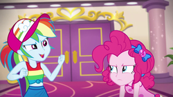 Size: 1920x1080 | Tagged: safe, screencap, pinkie pie, rainbow dash, equestria girls, equestria girls specials, g4, my little pony equestria girls: better together, my little pony equestria girls: spring breakdown, baseball cap, cap, carpet, clothes, cruise outfit, female, geode of empathy, geode of fauna, geode of shielding, geode of sugar bombs, geode of super speed, geode of super strength, geode of telekinesis, hat, magical geodes, sleeveless, tank top, unamused