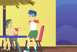 Size: 825x561 | Tagged: safe, screencap, flash sentry, sandalwood, equestria girls, equestria girls series, g4, spring breakdown, spoiler:eqg series (season 2), arms, clothes, converse, cropped, feet, legs, male, male nipples, nipples, partial nudity, pointing, sandals, shoes, shorts, sneakers, socks, topless