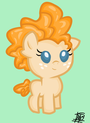 Size: 1092x1504 | Tagged: safe, artist:kittystar614, pear butter, earth pony, pony, g4, baby, baby pear butter, baby pony, blank flank, dot eyes, female, filly, foal, freckles, green background, simple background, solo, younger