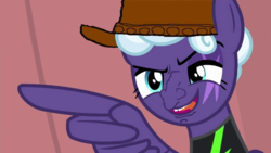 Size: 999x562 | Tagged: safe, edit, edited screencap, screencap, rolling thunder, pegasus, pony, g4, the washouts (episode), australian, female, pointing, solo, wing hands