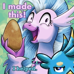 Size: 1024x1024 | Tagged: safe, artist:catscratchpaper, edit, gallus, silverstream, classical hippogriff, griffon, hippogriff, fanfic:we're eggspecting!, g4, behaving like a bird, blue text, cute, diastreamies, egg, excited, fanfic art, fanfic cover, featured image, female, food, funny, gallabetes, gallus is not amused, happy, i made this, lidded eyes, looking at you, male, offspring, open mouth, parents:gallstream, pink text, ship:gallstream, shipping, smiling, straight, text, unamused, wide eyes