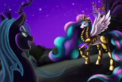 Size: 3350x2252 | Tagged: safe, artist:millyd13, princess celestia, queen chrysalis, alicorn, changeling, changeling queen, pony, g4, armor, canterlot, confrontation, determined, female, high res, imminent fight, lidded eyes, night, signature, smug, spread wings, warrior, warrior celestia, wings