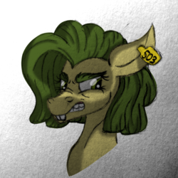 Size: 2500x2500 | Tagged: safe, artist:thr3eguess3s, oc, oc only, oc:apple core, pony, bucktooth, bushy brows, bust, ear tag, eyebrows, female, high res, mare, mixed media, offspring, parent:big macintosh, parent:limestone pie, parents:limemac, snarling, solo