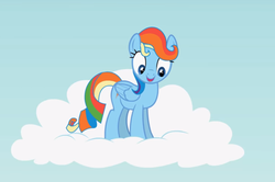 Size: 1106x733 | Tagged: safe, artist:agrol, screencap, rainbow dash, rarity, pegasus, pony, let's switch bodies, g4, alternate hairstyle, body swap, cloud, cute, dashabetes, eye swap, female, happy, mare, raribetes, smiling, solo, standing on a cloud