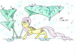 Size: 3500x2477 | Tagged: safe, artist:gafelpoez, fluttershy, pegasus, pony, g4, female, folded wings, forest, high res, leaf umbrella, looking up, mare, plant, queen, rain, raised hoof, solo, storm, traditional art, wet, wings