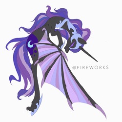 Size: 1912x1912 | Tagged: safe, artist:tiffna0310, nightmare moon, alicorn, bat pony, bat pony alicorn, pony, g4, bat wings, eyes closed, female, simple background, solo, spread wings, unshorn fetlocks, watermark, white background, wings