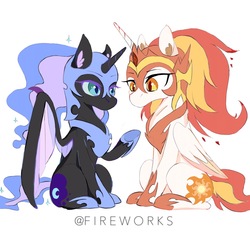 Size: 2115x2115 | Tagged: dead source, safe, artist:tiffna0310, daybreaker, nightmare moon, pony, g4, cute, diabreaker, female, high res, looking at each other, moonabetes, simple background, sisters, sitting, watermark, white background