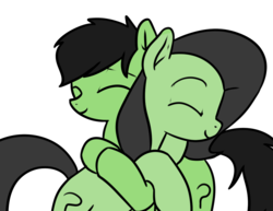 Size: 1174x904 | Tagged: safe, artist:neuro, oc, oc only, oc:filly anon, pony, duo, embrace, eyes closed, female, filly, hug, question mark, simple background, smiling, transparent background