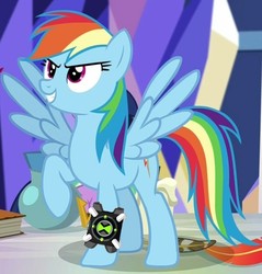 Size: 903x945 | Tagged: safe, edit, edited screencap, editor:derpyfannumber2, screencap, rainbow dash, pony, equestria girls, equestria girls specials, g4, my little pony equestria girls: better together, my little pony equestria girls: spring breakdown, ben 10, equestria girls ponified, evil smile, grin, human pony dash, it's hero time, omnitrix, ponified, raised hoof, reference, smiling, smirk, spread wings, twilight's castle, wings