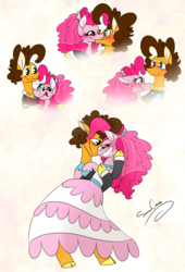 Size: 2131x3129 | Tagged: safe, artist:summer-cascades, cheese sandwich, pinkie pie, pony, g4, blushing, clothes, dress, female, height difference, high res, male, marriage, ship:cheesepie, shipping, straight, wedding, wedding dress, wedding suit, wedding veil