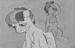 Size: 924x597 | Tagged: safe, artist:napalm express, oc, oc only, oc:apogee, oc:delta vee, pegasus, pony, april fools, crying, explicit source, female, filly, grayscale, laughing, mare, monochrome, this will end in therapy