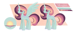 Size: 1503x611 | Tagged: safe, artist:verona-5i, oc, oc only, oc:magna, changepony, hybrid, pony, female, offspring, parent:princess celestia, parent:thorax, parents:thoralestia, reference sheet, simple background, solo