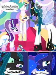 Size: 1439x1917 | Tagged: safe, artist:lisdeglace, princess celestia, princess luna, queen chrysalis, starlight glimmer, alicorn, changeling, changeling queen, pony, unicorn, g4, clothes, comic, dialogue, dream, dress, female, glimmerlis, lesbian, mare, marriage, nightmare, wedding, wedding dress, what if