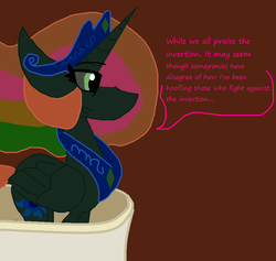 Size: 901x854 | Tagged: safe, artist:dazzlingmimi, princess celestia, alicorn, pony, tumblr:the sun has inverted, g4, balcony, blue sun, brown background, canterlot, canterlot castle, civil war, color change, darkened coat, divided equestria, female, green eye, invert princess celestia, inverted, inverted colors, inverted princess celestia, rainbow hair, sidemouth, simple background, solo, speech bubble, tumblr, word bubble