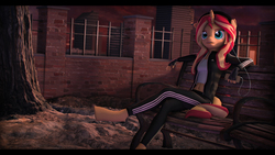 Size: 9600x5400 | Tagged: safe, artist:imafutureguitarhero, sunset shimmer, unicorn, anthro, unguligrade anthro, g4, 3d, absurd resolution, adidas, belly fluff, bench, black bars, brick wall, building, cable, cellphone, chair, chin fluff, chromatic aberration, city, cityscape, clothes, colored eyebrows, crossed legs, ear fluff, female, fence, film grain, fingerless gloves, floppy ears, fluffy, fur, gloves, headphones, hoof fluff, horn, iphone, iphone 5, leather gloves, letterboxing, long hair, looking up, mare, midriff, multicolored hair, multicolored mane, multicolored tail, nose wrinkle, open mouth, outdoors, pants, park bench, phone, short shirt, signature, sitting, smartphone, solo, source filmmaker, trackpants, tracksuit, tree, wall of tags