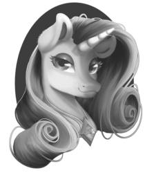 Size: 1041x1168 | Tagged: safe, artist:sgtscribbles, rarity, pony, unicorn, g4, :3, bust, element of generosity, female, grayscale, lidded eyes, looking at you, mare, monochrome, simple background, smiling, solo, stray strand, transparent background